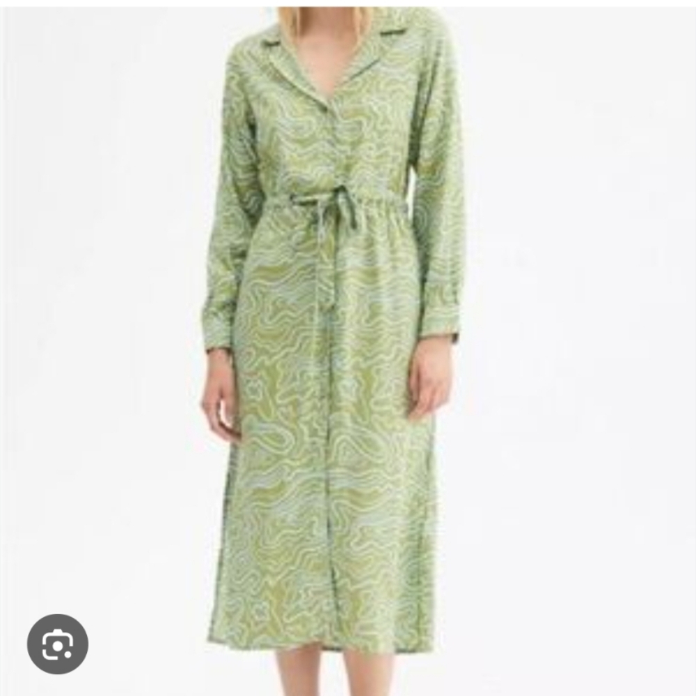 Compania Fantastica Green Blue Swirl‎ Wave Print Midi Shirt Dress NWT *No Belt